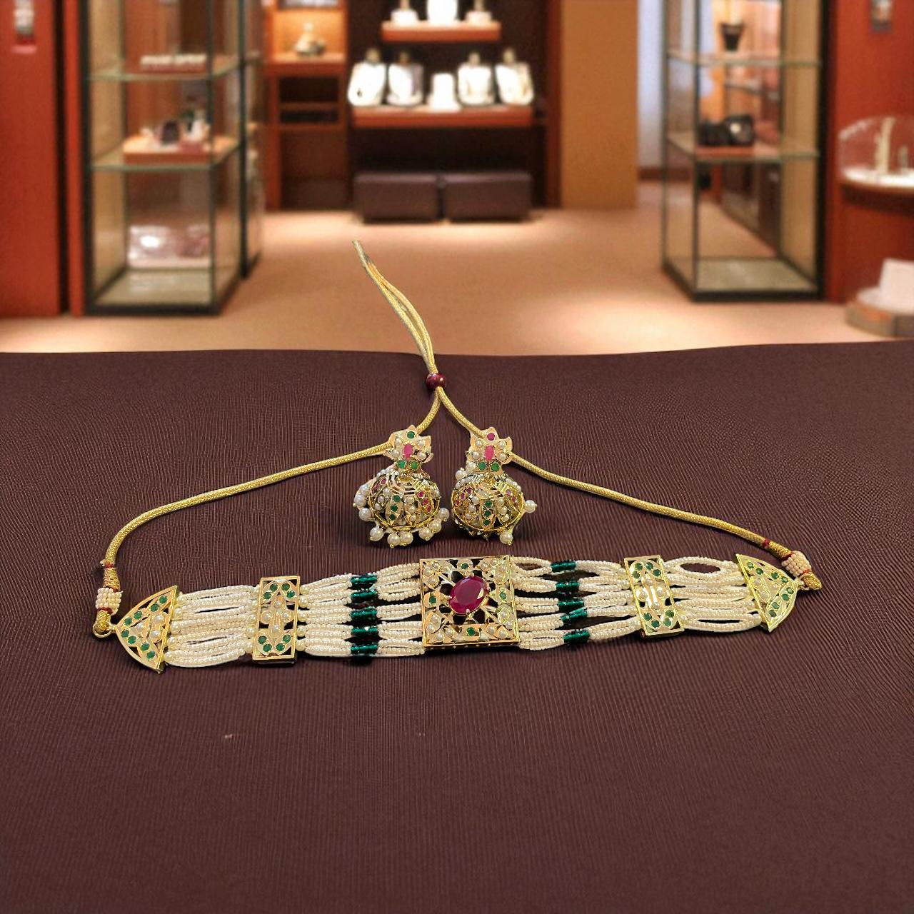 Regal Multi-Strand Kundan Choker with Ruby Center & Statement Earrings