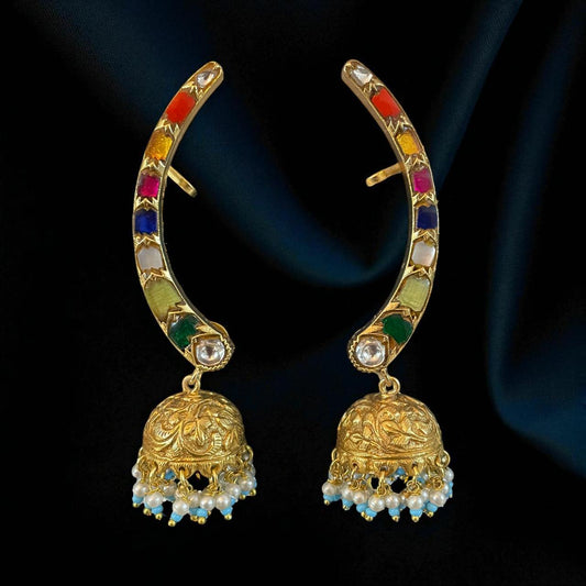 Navratna Hoop Jhumka Earrings with Pearl Drops