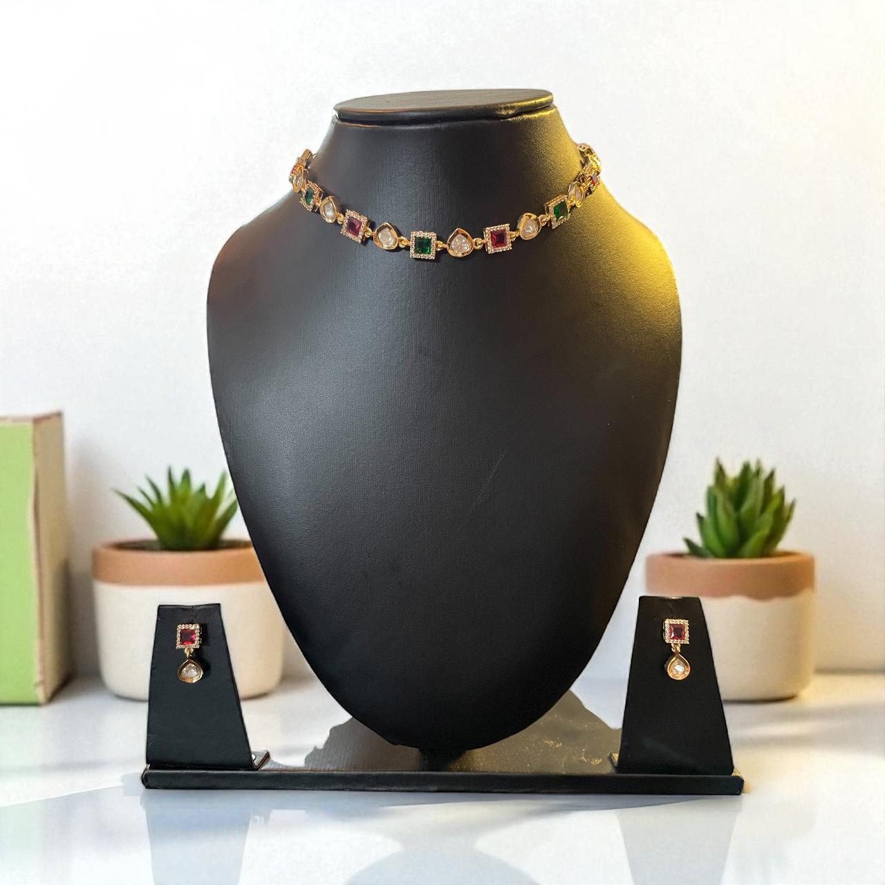 Multicolour Stone Choker Necklace Set with Earrings