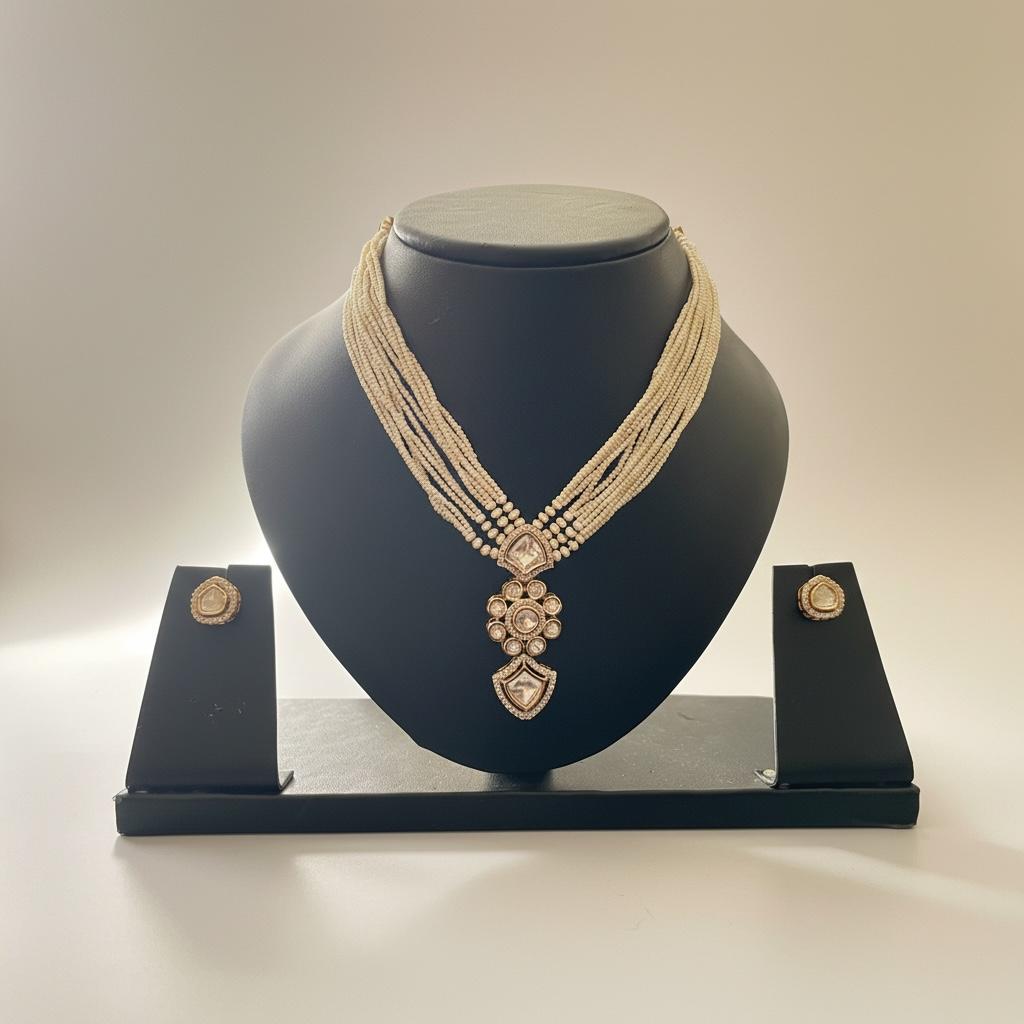 Elegant Multi-Layer Pearl Kundan Necklace Set with Earrings