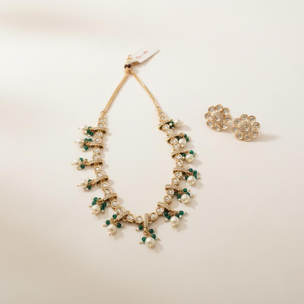 Green Stone & Pearl Kundan Necklace Set with Stud Earrings