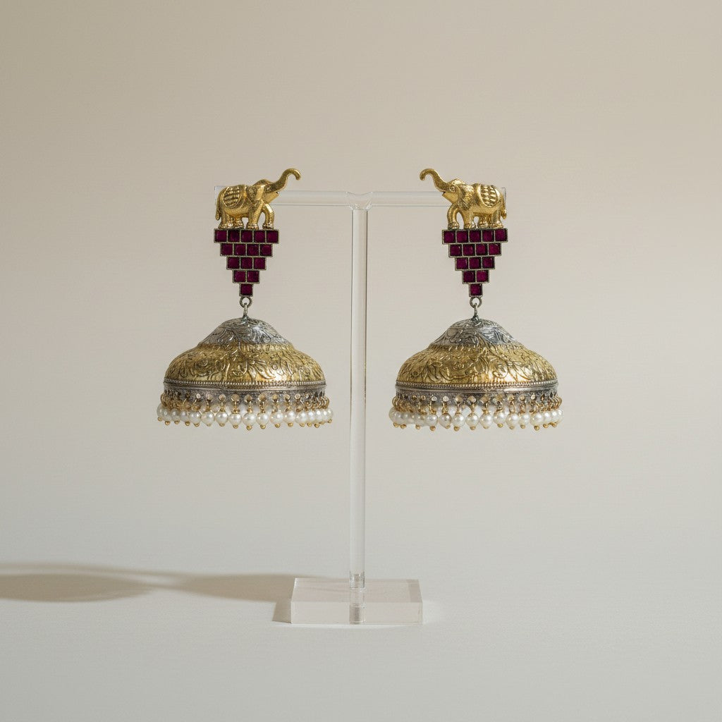 Dual-Tone Elephant Jhumka Earrings with Ruby Stones & Pearl Drops