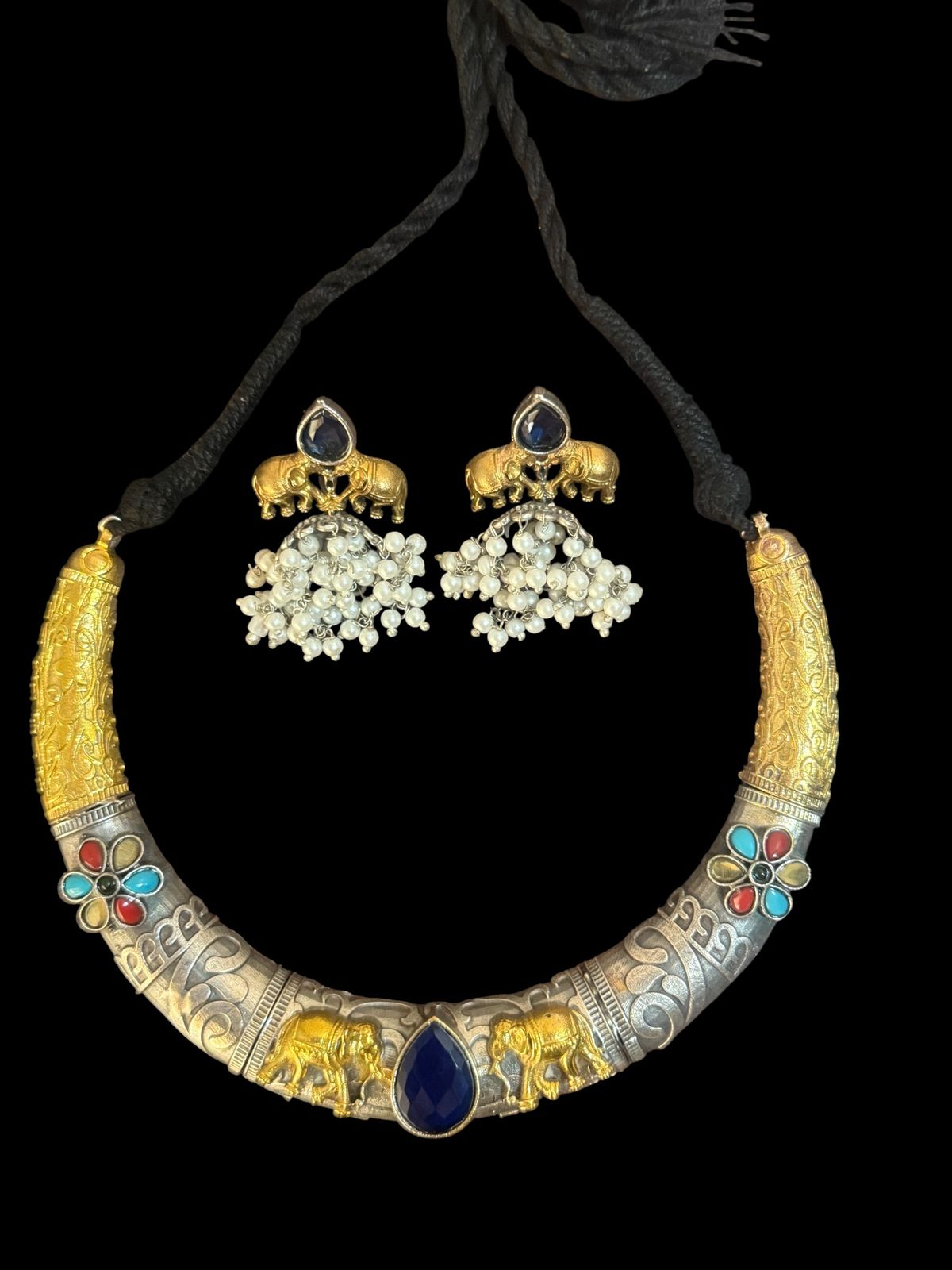 Dual-Tone Oxidised Silver Hasli Set with Elephant Motif & Pearl Drops