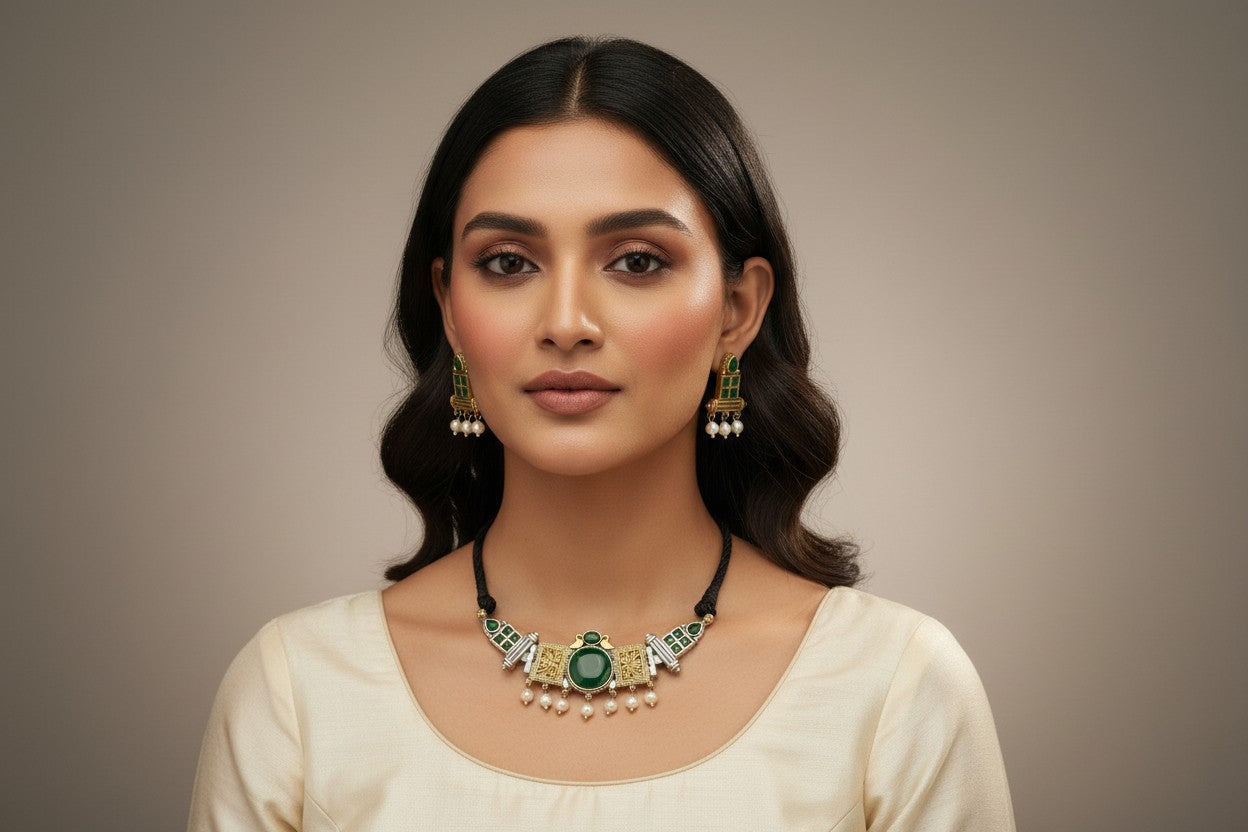 Dual-Tone Green Stone Choker Set with Pearl Drops on Black Dori