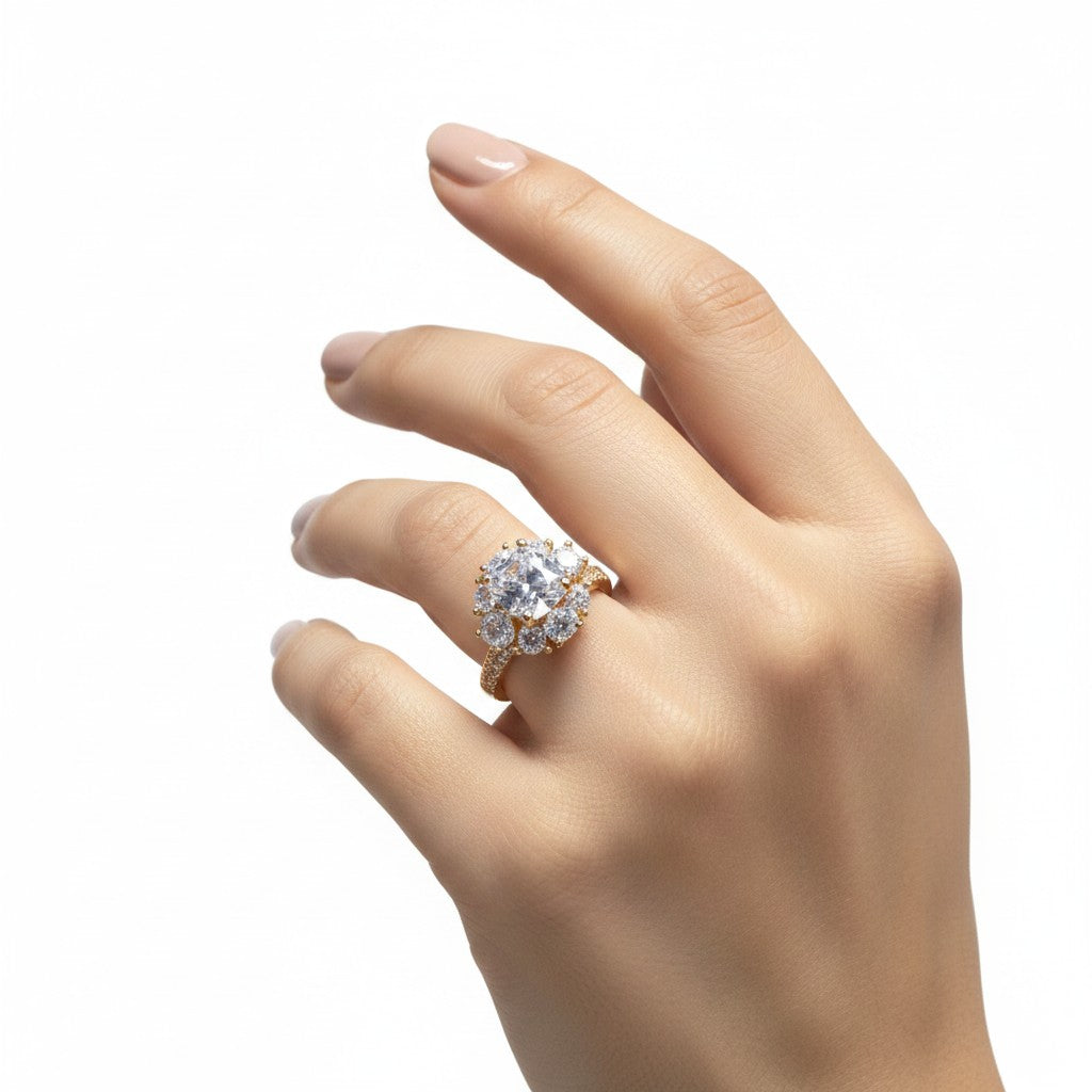 Gold-Tone Solitaire Ring with Diamond-Look Crystals & Side Stones