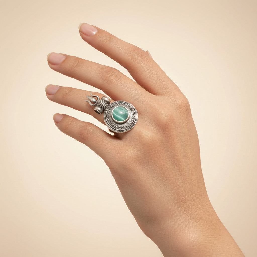 Esmé Oxidised Statement Ring with Jade-Green Cabochon & Filigree Halo