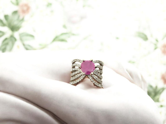Silver Bloom Ring with Pink Stone Center