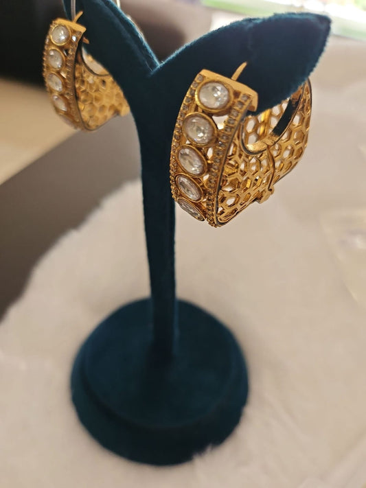 Statement Crystal-Studded Gold Textured Hoops