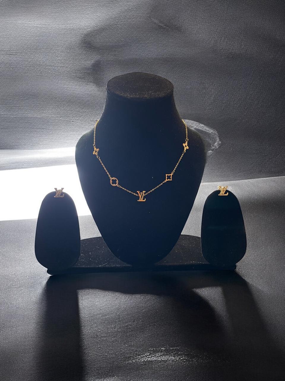 Luxury LV-Inspired Charm Necklace & Stud Earrings Set
