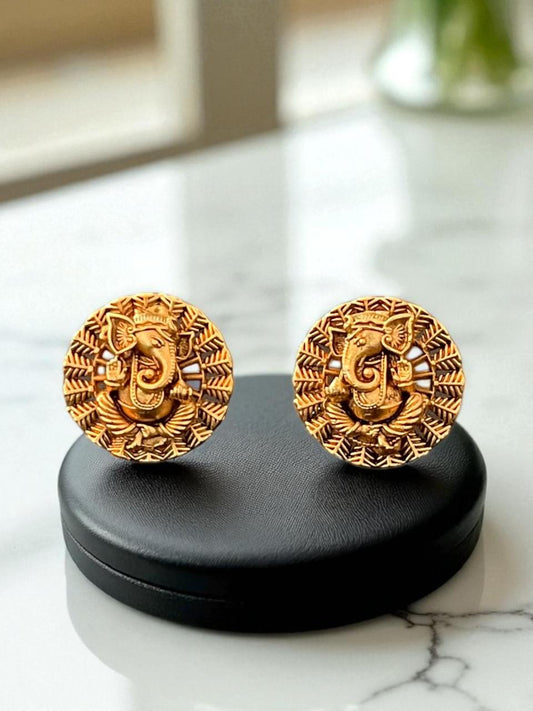 Antique Ganpati Round Stud Earrings in Matte Gold Finish