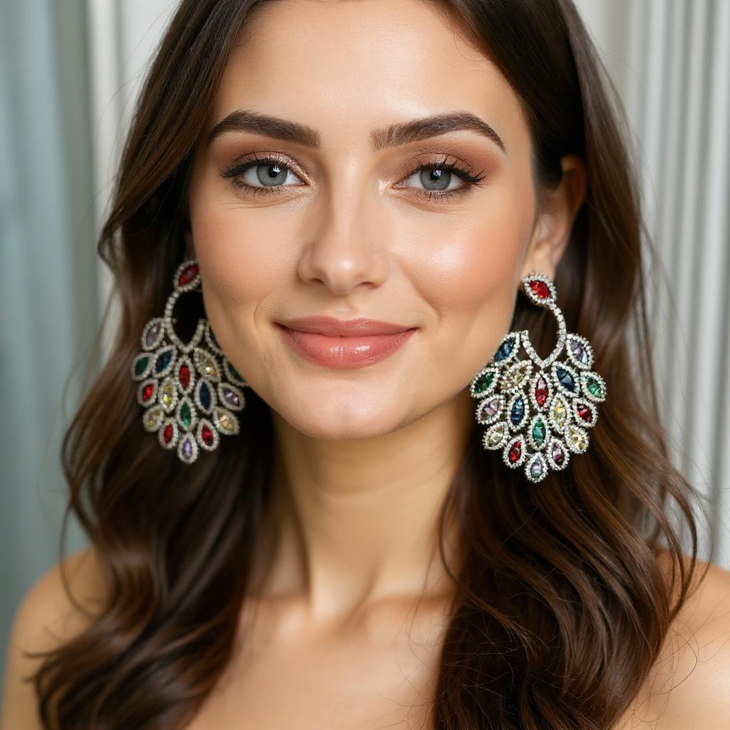 Peacock Plume Multicolour Studded Earrings