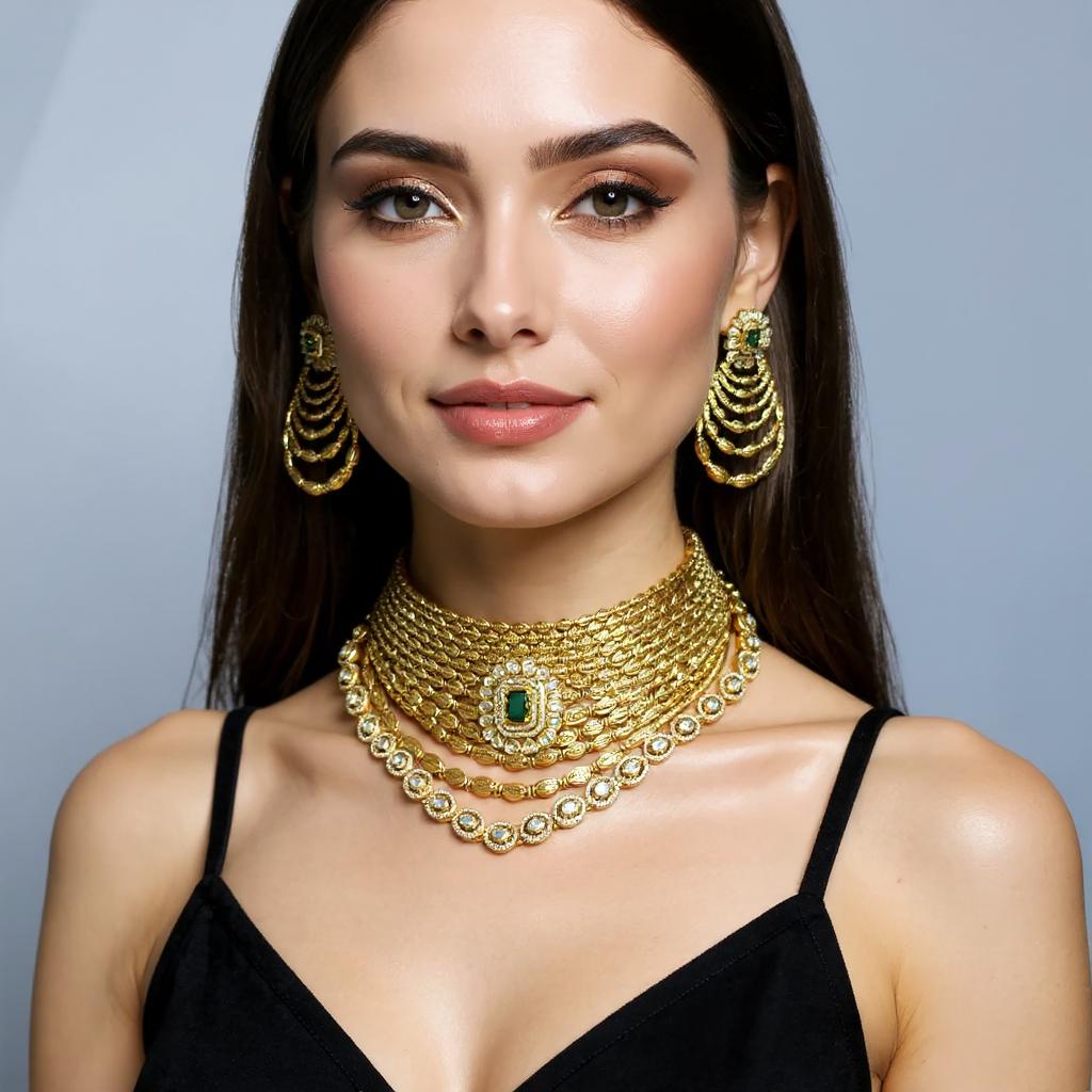 Zamindari Royal Emerald Layered Necklace Set