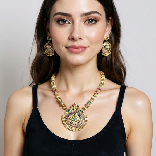 Antique Temple Medallion Necklace Set with Multi-Stone Jhumkas