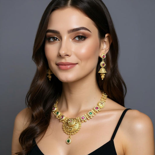 Antique Lakshmi Coin Necklace Set with Temple Jhumka Earrings