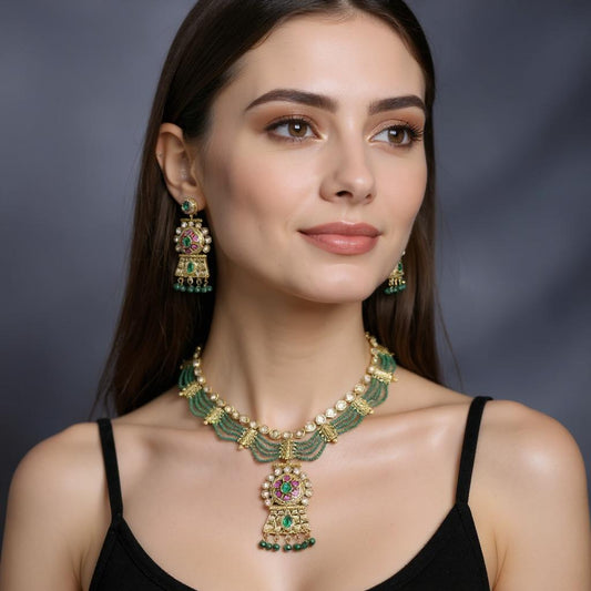 Emerald Grace Polki Choker Set with Green Bead Strings & Earrings