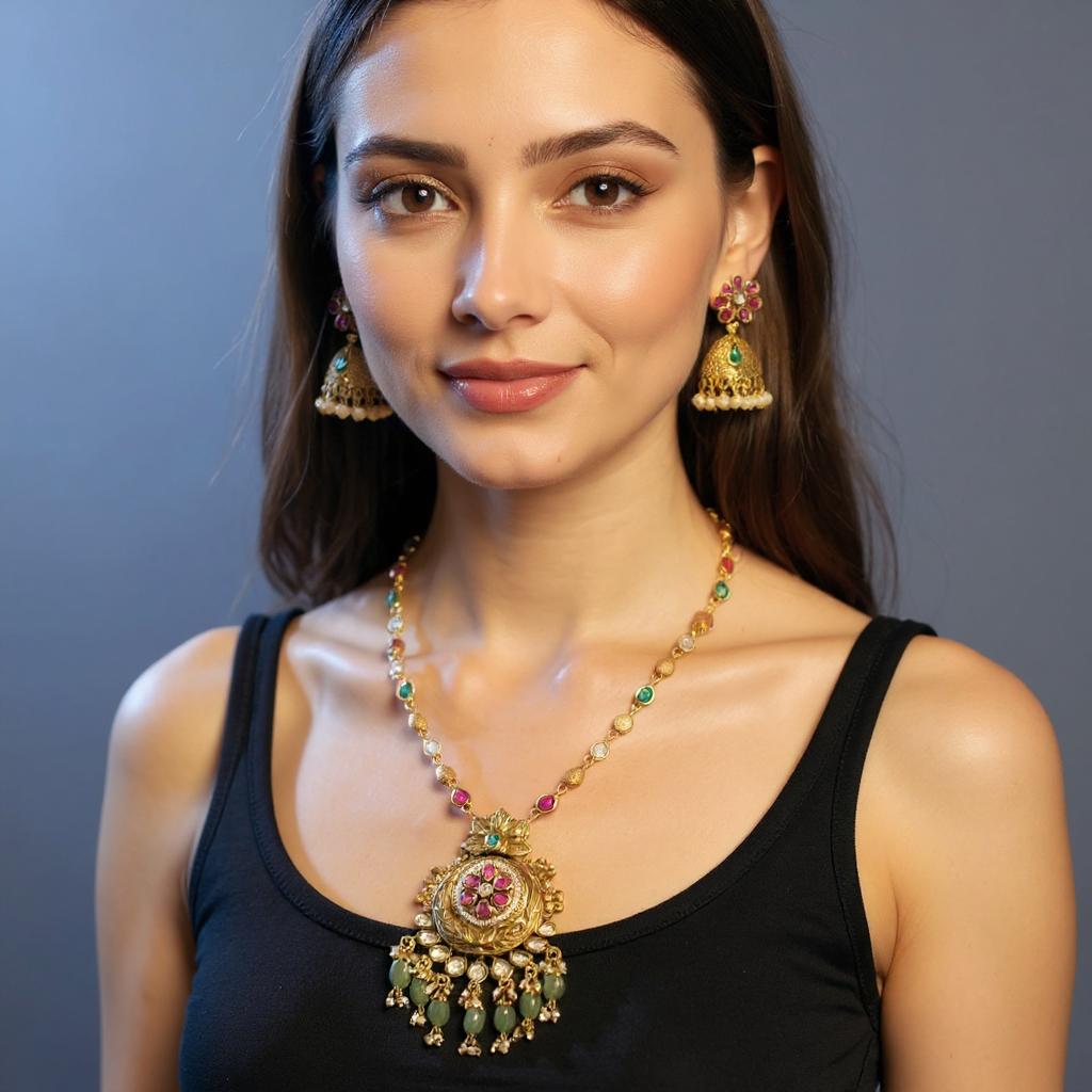 Floral Antique Temple Necklace Set with Green Drops
