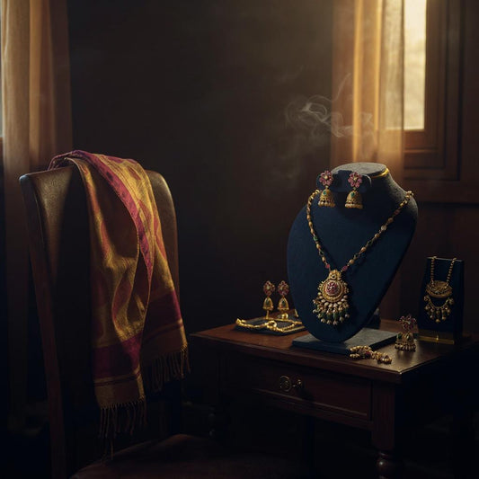 Floral Antique Temple Necklace Set with Green Drops