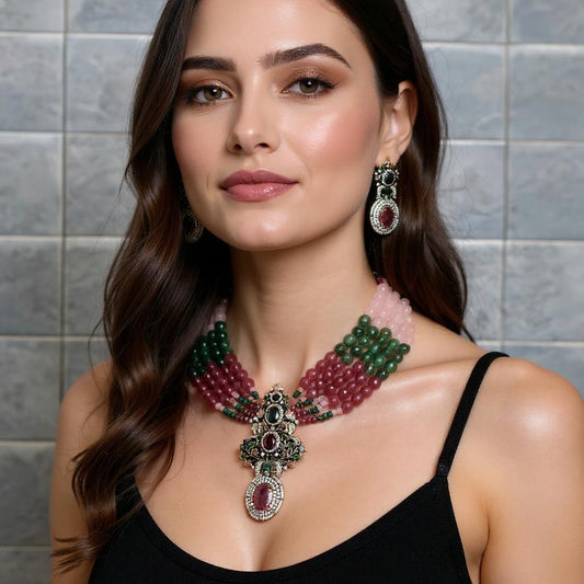 Maharani Gemstone Multistrand Necklace Set with Royal Pendant