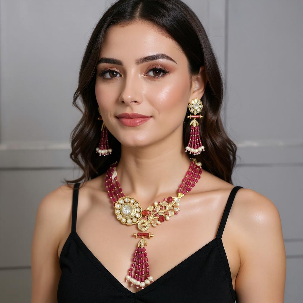 Maroon Beaded Floral Peacock Necklace Set