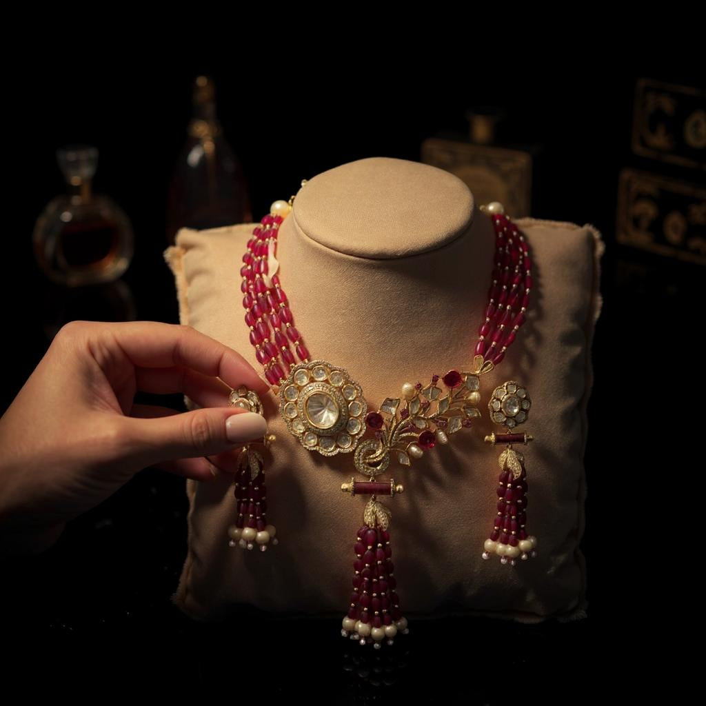 Maroon Beaded Floral Peacock Necklace Set