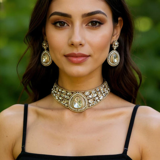 Royal Mirror Glow Bridal Choker Set with White Stones & Mirror Centrepiece