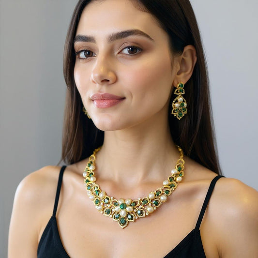 Regal Floral Pearl & Emerald Necklace Set with Statement Earrings