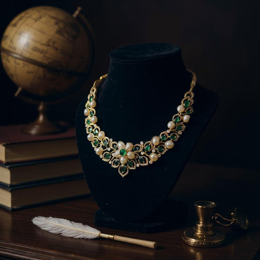 Regal Floral Pearl & Emerald Necklace Set