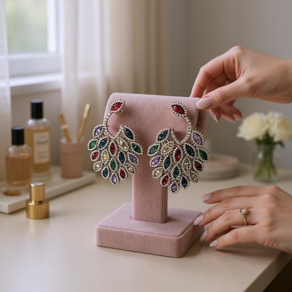 Peacock Plume Multicolour Studded Earrings