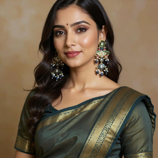 Peacock Motif Meenakari Chandbali Earrings with Pearl Clusters