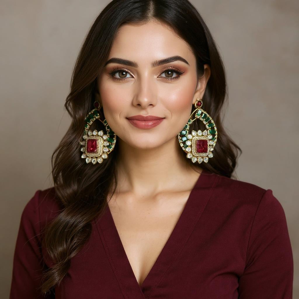 Regal Ruby-Green Kundan Statement Earrings