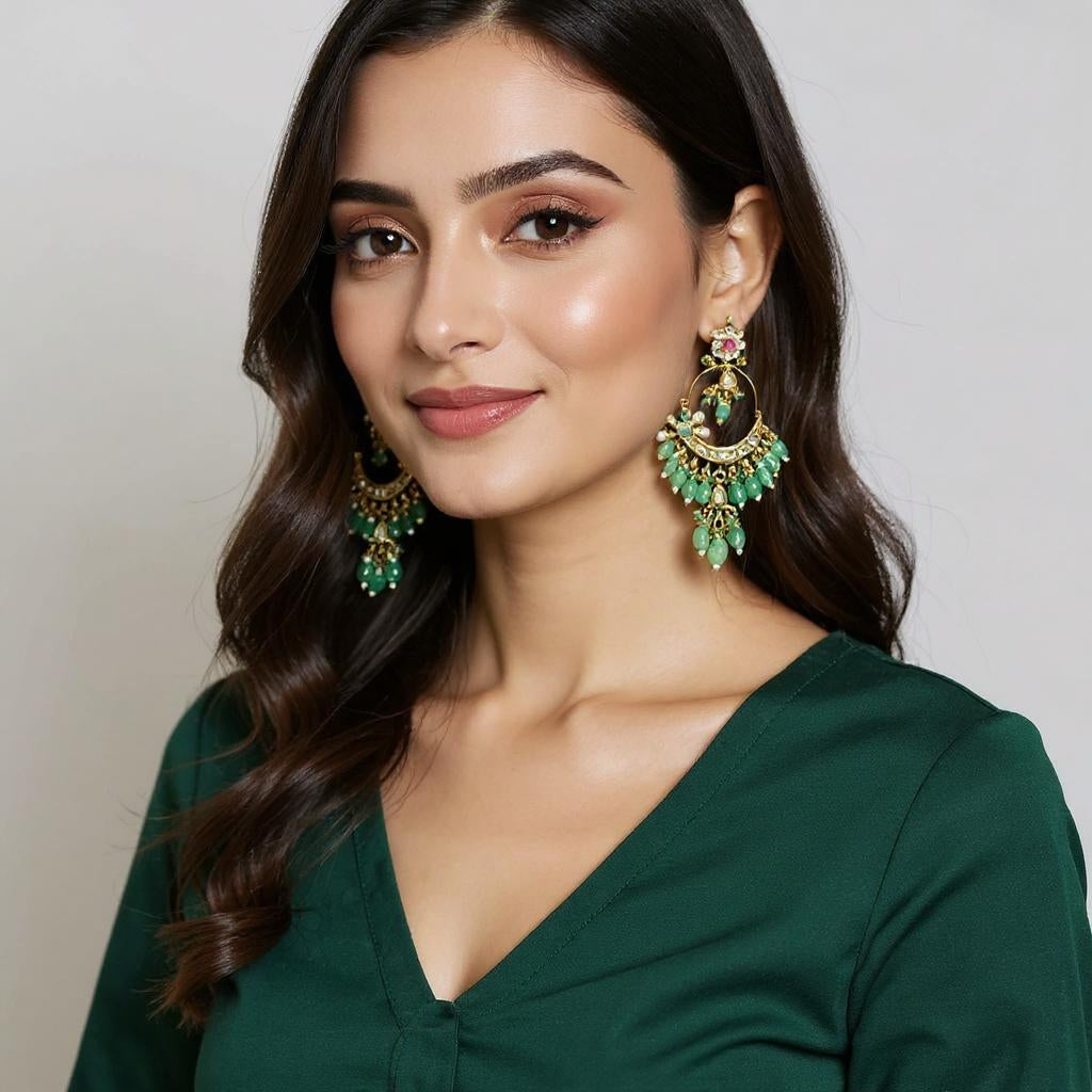 Green Beaded Crescent Chandbali Earrings