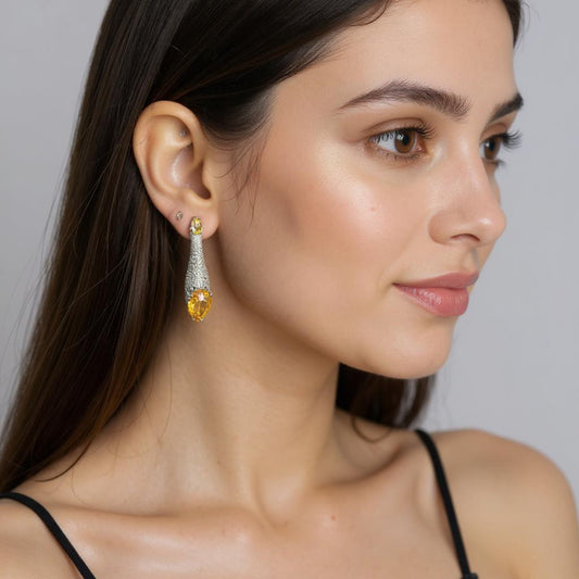 Citrine Drop Indo-Western Earrings with Nano-Setting Stones