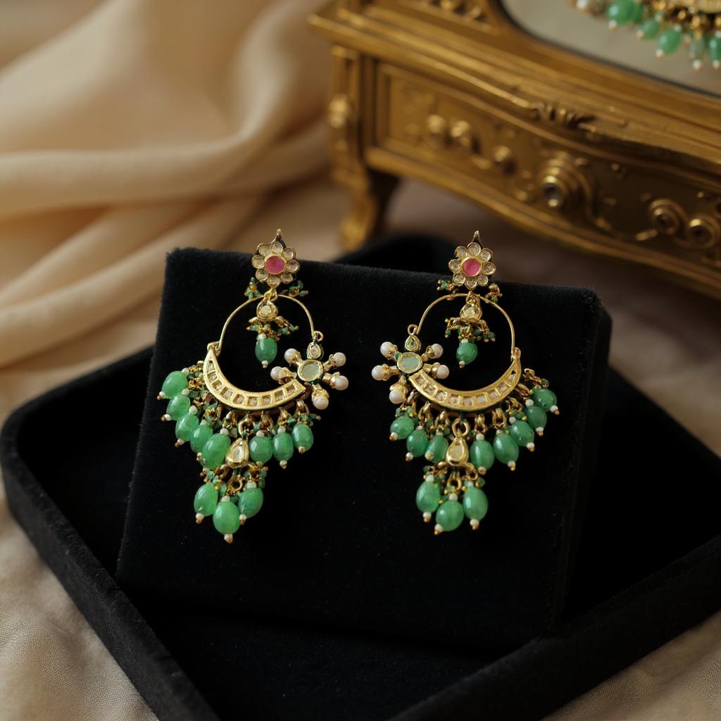 Green Beaded Crescent Chandbali Earrings