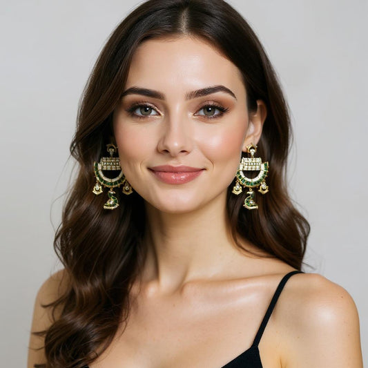 Peacock Radiance Green Kundan Chandbali Earrings
