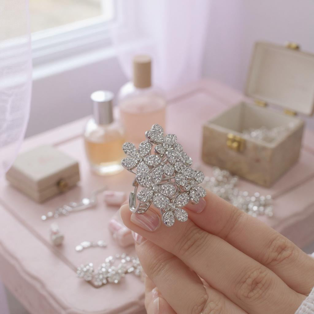 Silver-Tone Floral Cluster Ring with CZ Detailing
