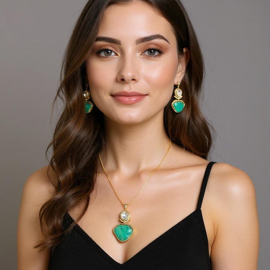 Emerald Stone Statement Pendant Set with Earrings