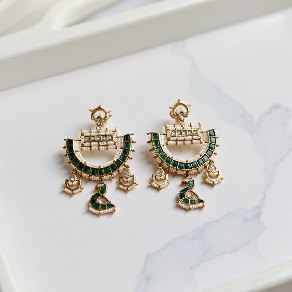 Peacock Radiance Green Kundan Chandbali Earrings