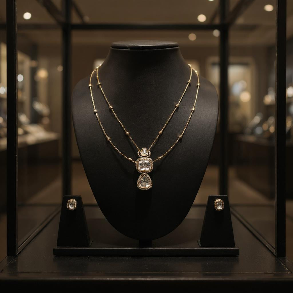 Polki Triple Drop Pendant Set with Dual Layer Chain