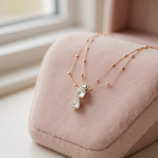 Polki Triple Drop Pendant Set with Dual Layer Chain