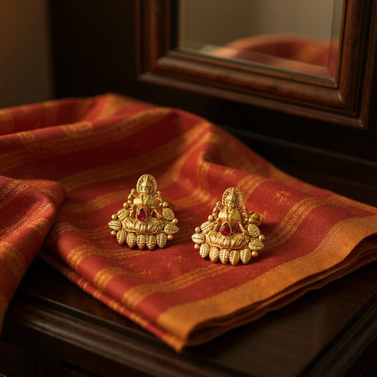 Antique Lakshmi Temple Stud Earrings with Ruby Accent