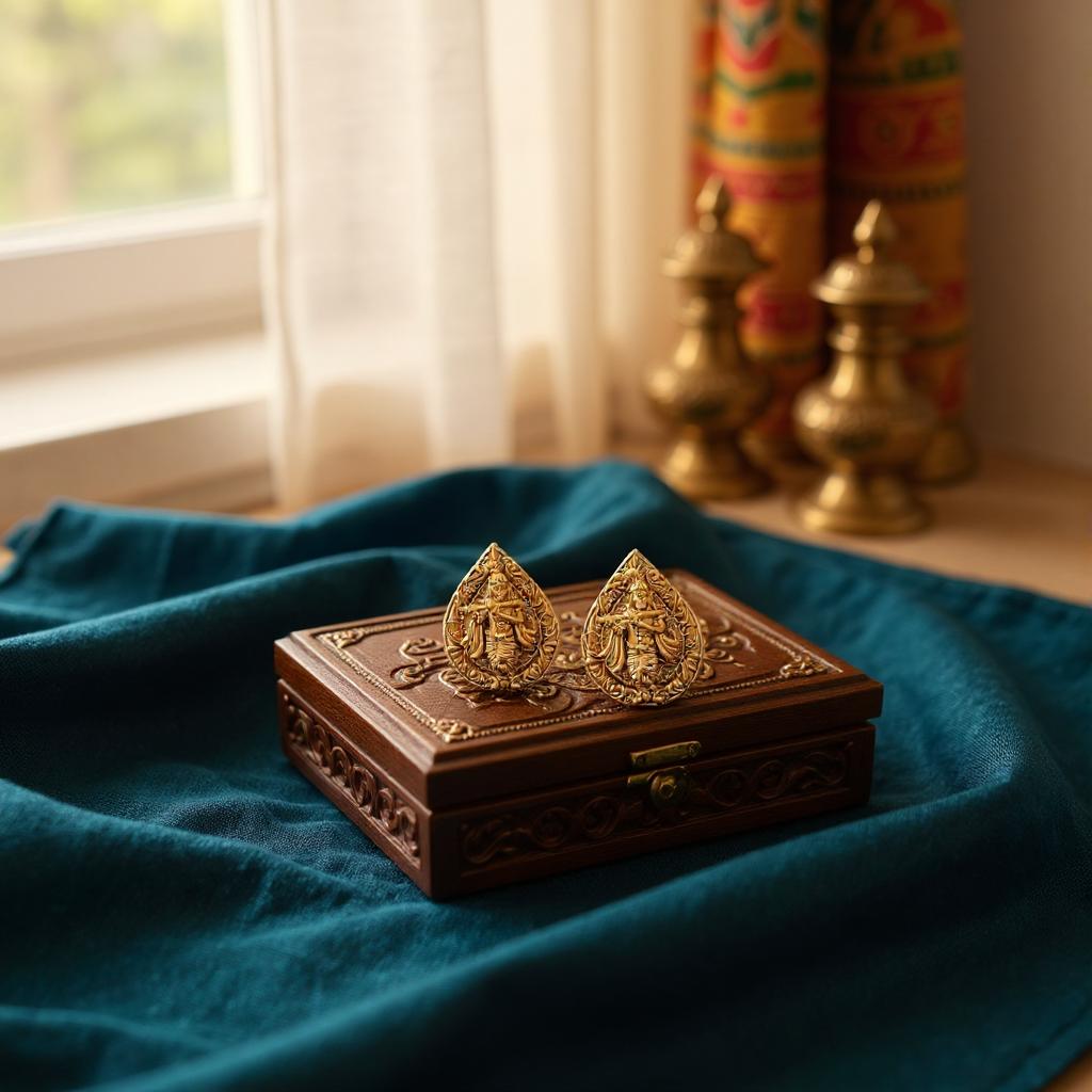 Teardrop Krishna Flute Stud Earrings in Antique Gold Finish