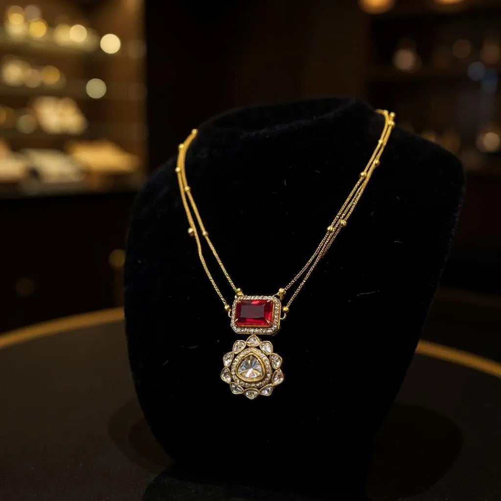 Dual Pendant Ruby Red Necklace Set with Kundan Floral Charm