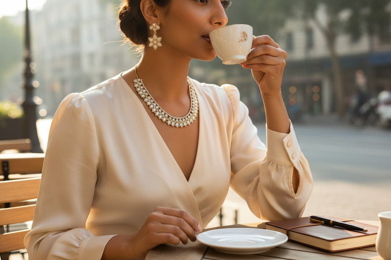 Polki-Style Floral Cluster Necklace & Earrings Set in Gold-Tone