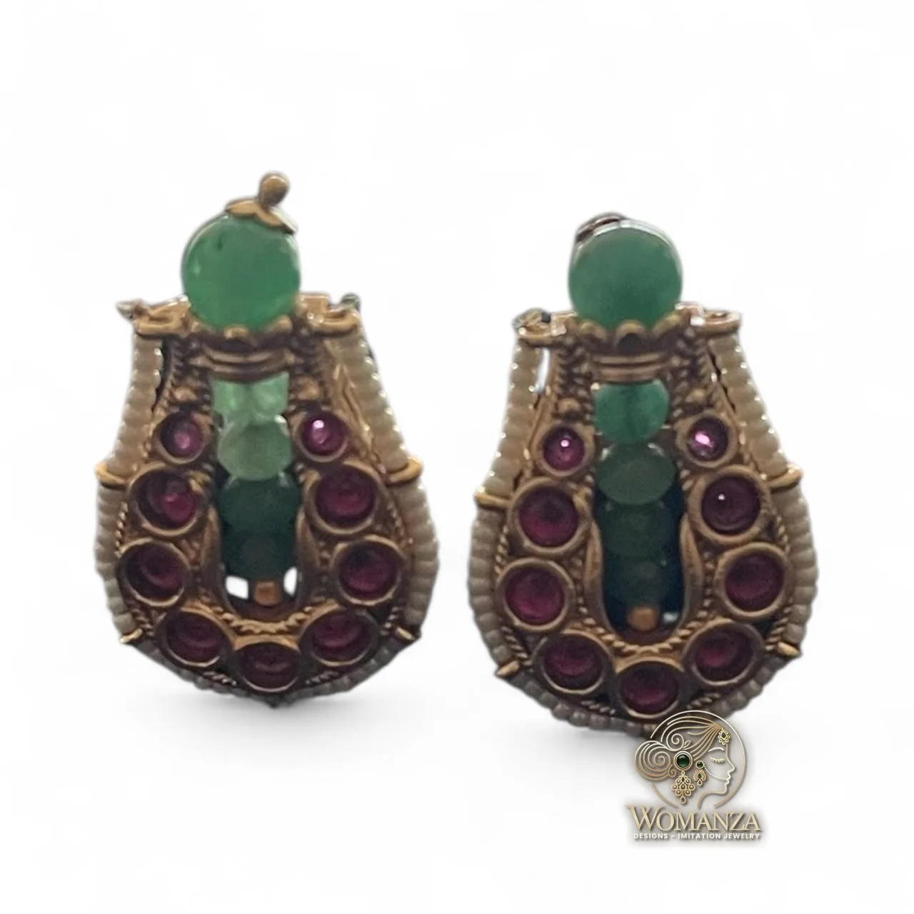 Antique Green & Maroon Temple-Style Earrings