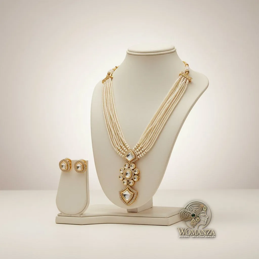 Elegant Multi-Layer Pearl Kundan Necklace Set with Earrings