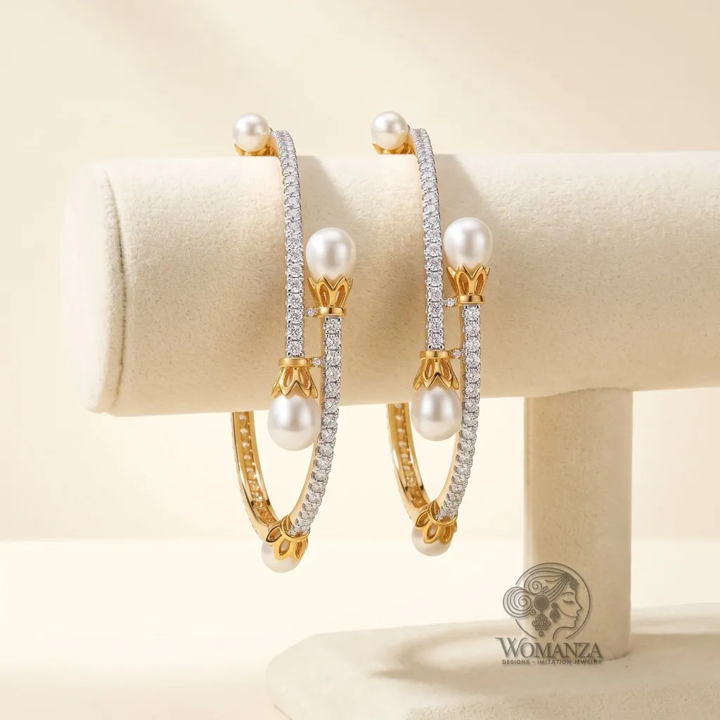 American Diamond Bangle Pair with Pearl Drops in Lotus Caps — Size 2.4