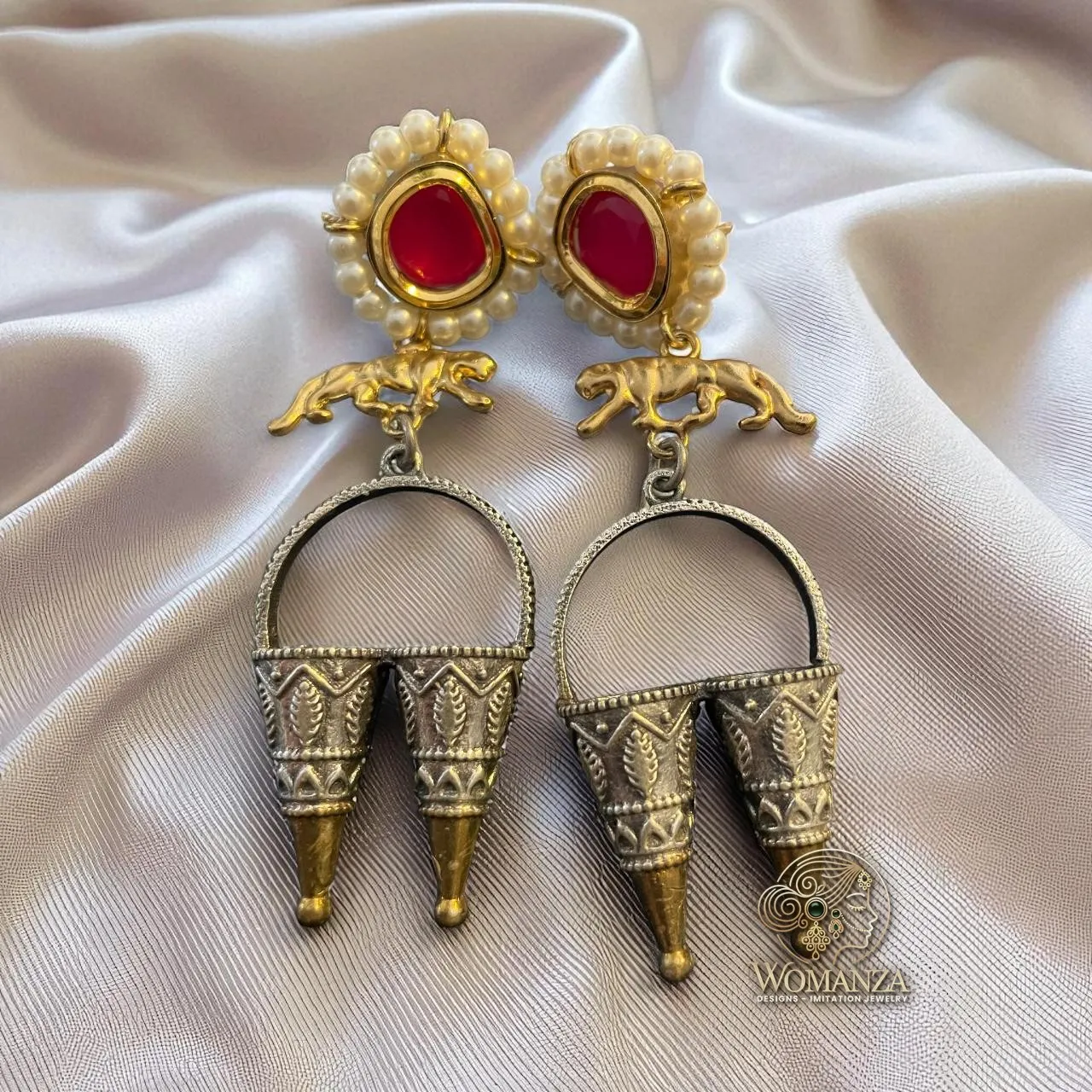 Heritage Panther Motif Earrings with Red Stone & Dual-Tone Design