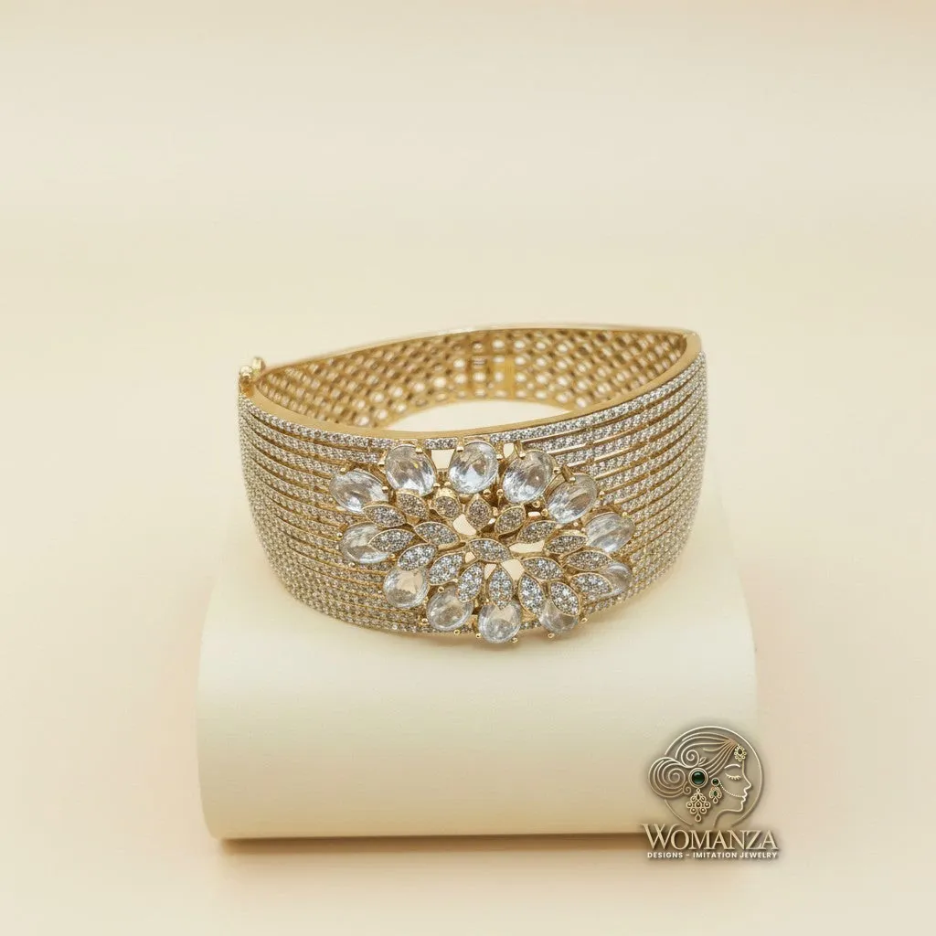 Crystal Bloom Mesh Statement Bridal Kada with Floral Burst