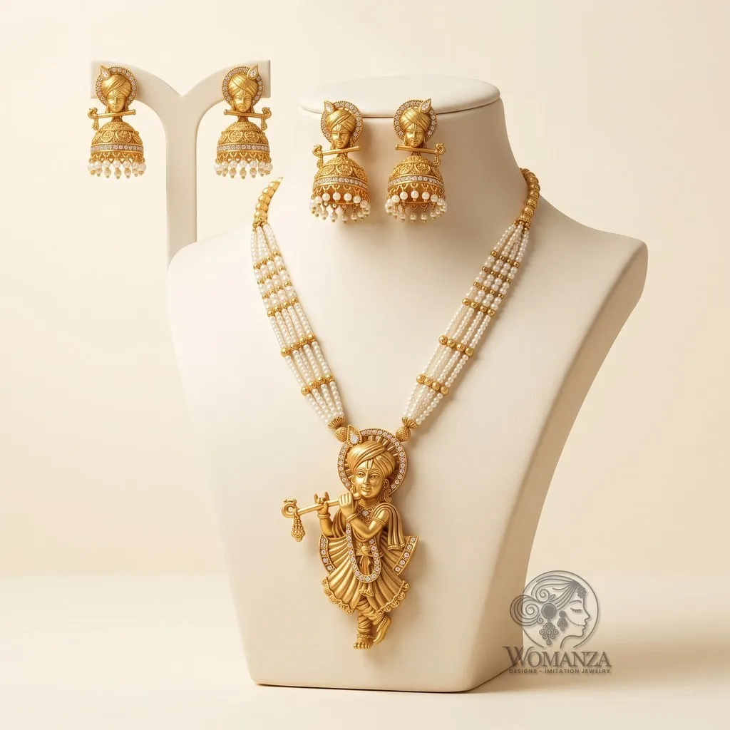 Antique Gold Krishna Rani Haar Necklace Set with Pearl Strands & Jhumkas