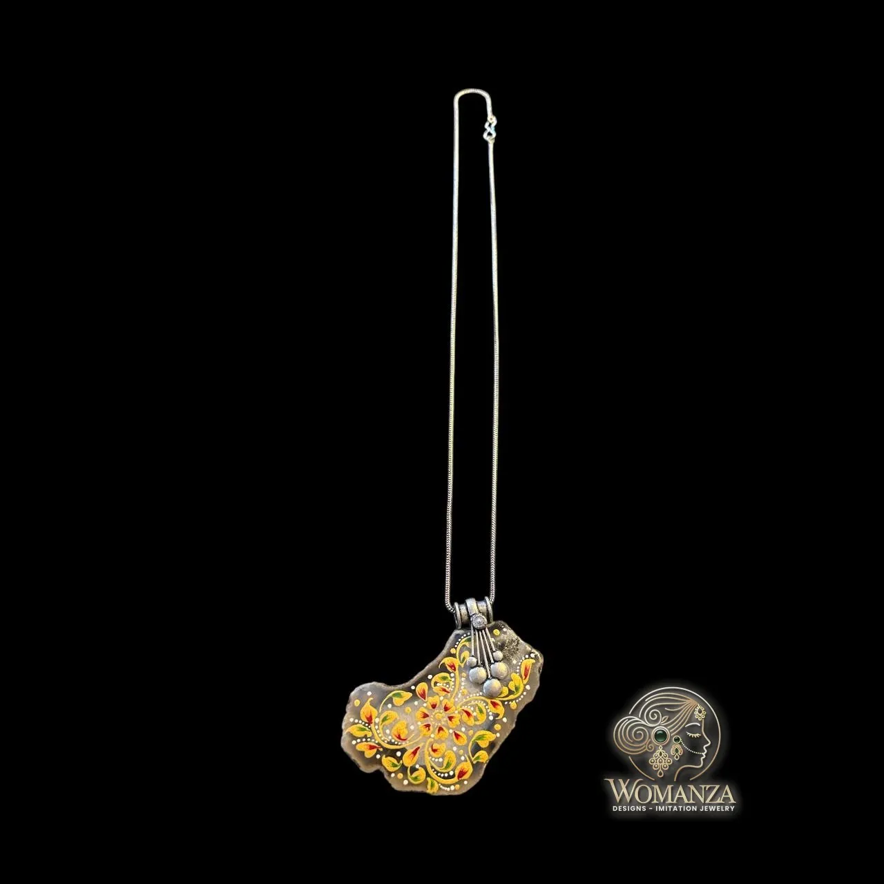 Handcrafted Floral Enamel Pendant Necklace in Silver-Tone